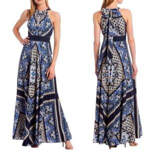 Eliza J Maxi Dress Gown Size 4 scarf floral print halter neck  blue, white, and